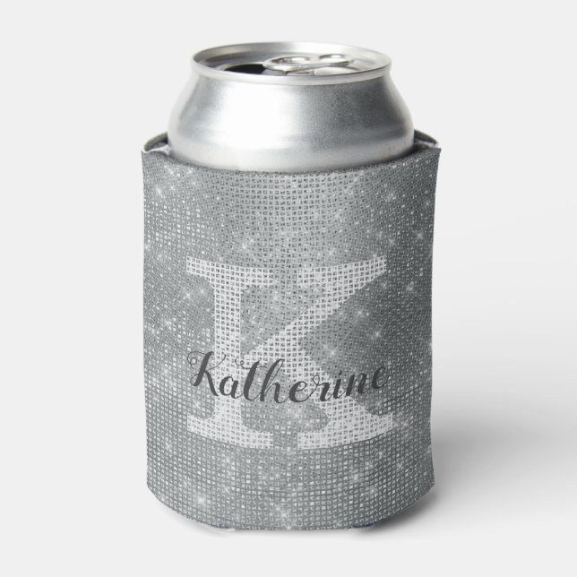 Girly Silver Glitter Sparkle Glam Monogram Name Can Cooler (Can Front)