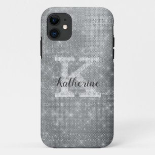 Girly Silver Glitter Sparkle Glam Monogram Name iPhone 11 Case
