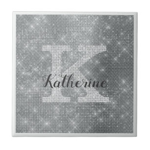 Girly Silver Glitter Sparkle Glam Monogram Name Ceramic Tile