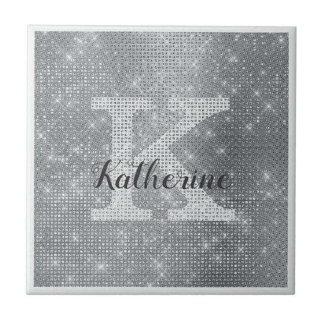 Girly Silver Glitter Sparkle Glam Monogram Name Ceramic Tile (Front)