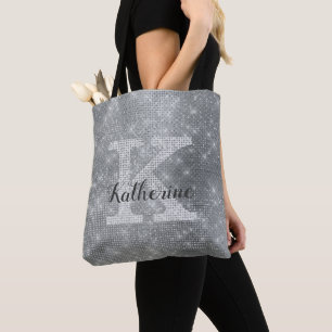 Girly Silver Glitter Sparkle Glam Monogram Name Tote Bag