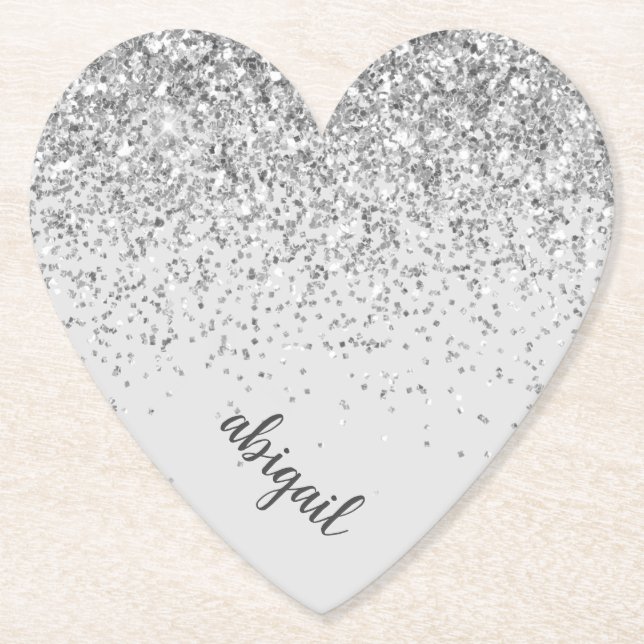 Girly Silver Glitter Sparkle Modern Heart Party Paper Coaster (Front)