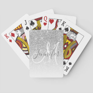 Girly Silver Glitter Sparkle Monogram Name Playing Cards