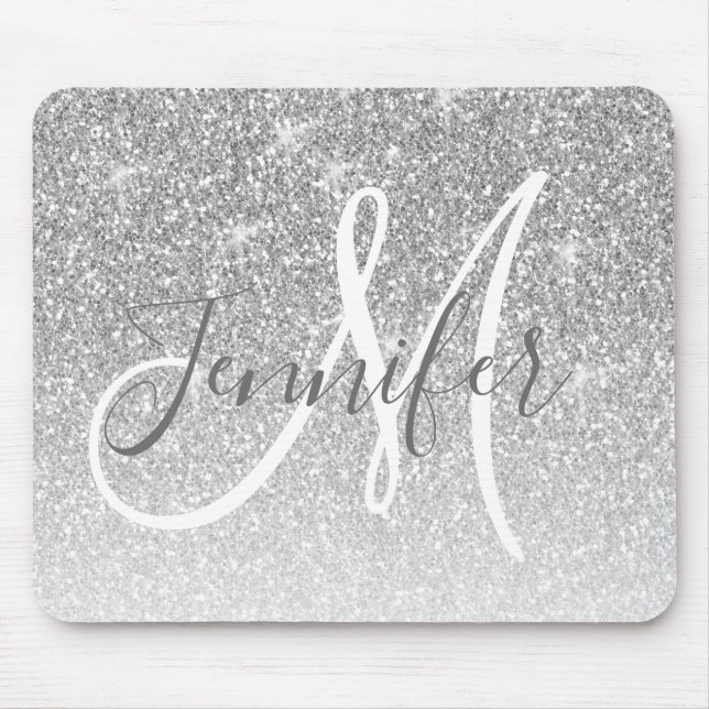 Girly Silver Glitter Sparkles Grey Monogram Name Mouse Pad (Front)
