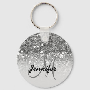 Girly Silver Glitter Sparkles Monogram Name Key Ring
