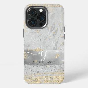 Girly Silver Gold Glitter Jewels w Script Initials iPhone 13 Pro Case