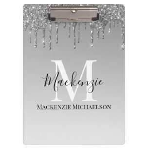 Girly Silver Grey Glitter Monogram Name   Clipboard