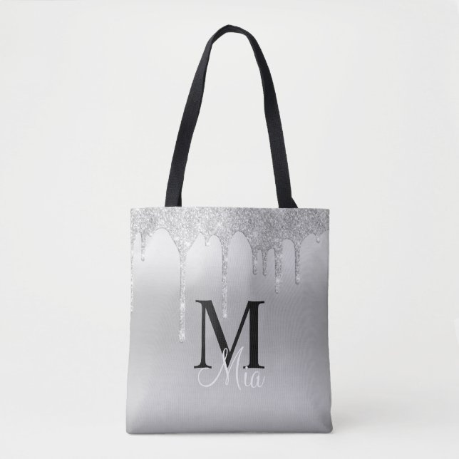 Girly Silver Grey Sparkle Glitter Monogram Tote Ba Bag (Front)