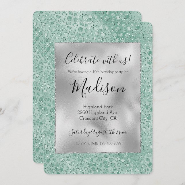 Girly Silver Mint Glitter Glitz Leopard print Invitation (Front/Back)