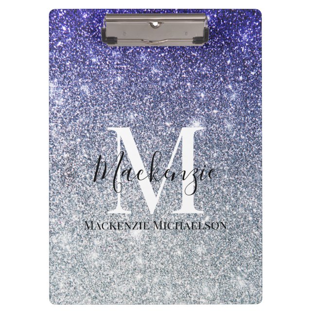 Girly Silver Purple Ombre Glitter Monogram Name  Clipboard (Front)