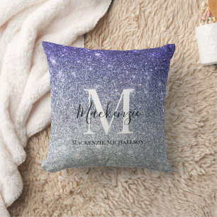 Girly Silver Purple Ombre Glitter Monogram Name  Cushion