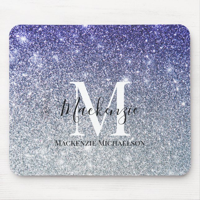 Girly Silver Purple Ombre Glitter Monogram Name  Mouse Pad (Front)
