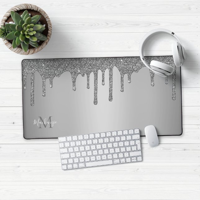 Girly Silver Sparkle Glitter Drips Monogram Desk Mat (Chic silver glitter dripping onto lux silvery background.)