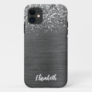 Girly Silver Sparkle Glitter Monogram Name iPhone 11 Case