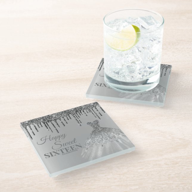 Girly Silver Sweet 16 Birthday Ball Gown Drips Glass Coaster (Angled)