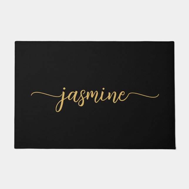 Girly Simple Black Gold Monogram Name Script Doormat (Front)