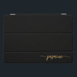 Girly Simple Black Gold Monogram Name Script iPad Pro Cover<br><div class="desc">Girly Minimalist Simple Black And Gold Monogram Name Signature Script Custom Personalised iPad Cover. These design featuring your first name in a pretty hand lettered style swash tail font typography (or calligraphy) on black and gold. These are easy to customise. Great stylish feminine gift for birthday, bridal shower, mother’s day,...</div>