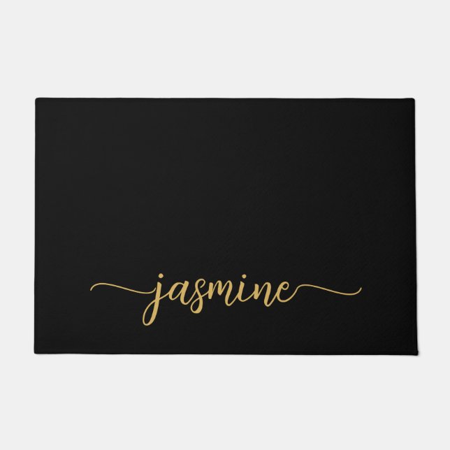 Girly Simple Black Gold Personalised Monogram Name Doormat (Front)