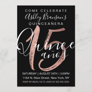 Girly Simple Black Rose Gold Foil Quinceañera Invitation