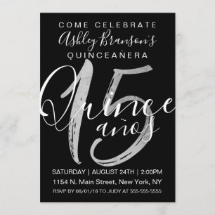 Girly Simple Black White Silver Foil Quinceañera Invitation