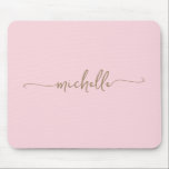Girly Simple Blush Pink Custom Gold Monogram Name Mouse Pad<br><div class="desc">Girly Blush Pink Simple Minimalist Gold Monogram Name Signature Script Custom Personalised mousepad. These design featuring your first name in a pretty hand lettered style swash tail font typography script in gold colour on light baby pink or blush pink colour background. These are easy to customise. Great stylish feminine gift...</div>