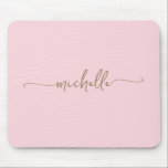 Girly Simple Blush Pink Custom Gold Monogram Name Mouse Pad<br><div class="desc">Girly Blush Pink Simple Minimalist Gold Monogram Name Signature Script Custom Personalised mousepad. These design featuring your first name in a pretty hand lettered style swash tail font typography script in gold colour on light baby pink or blush pink colour background. These are easy to customise. Great stylish feminine gift...</div>