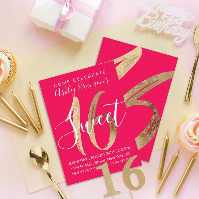 Girly Simple Gold Foil Neon Pink Sweet 16 Invitation (Creator Uploaded)