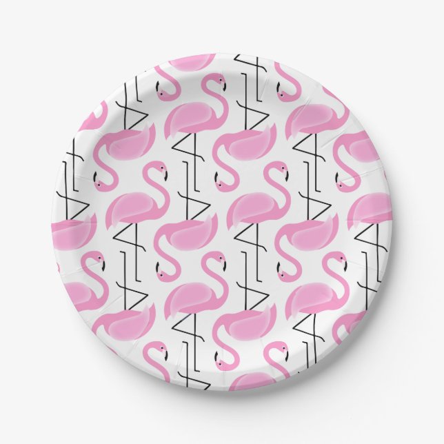 Girly Simple Modern Pink Flamingo Pattern Paper Plate (Front)