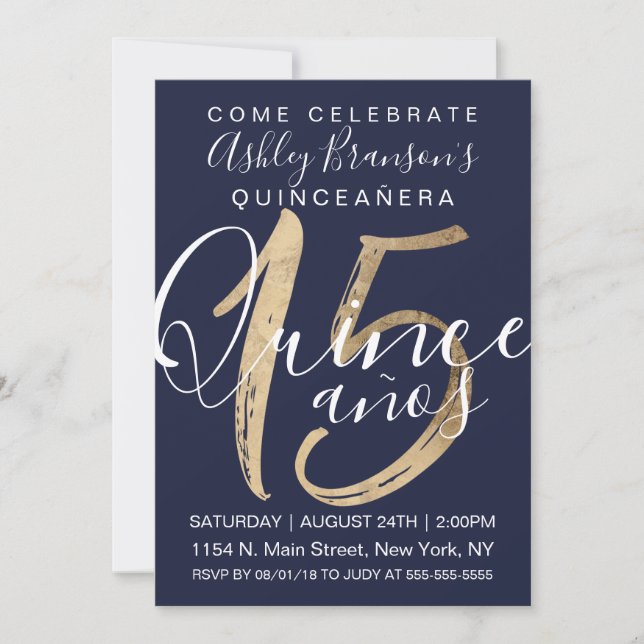 Girly Simple Navy Blue Gold Foil Quinceañera Invitation (Front)