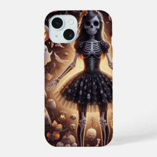 Girly Skeleton in Tutu with Ghosts, skulls, bats iPhone 15 Case