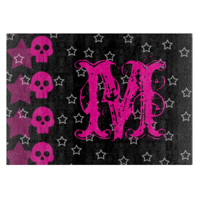 Girly Skull EMO Punk Monogram Glass Cutting Board (Front)