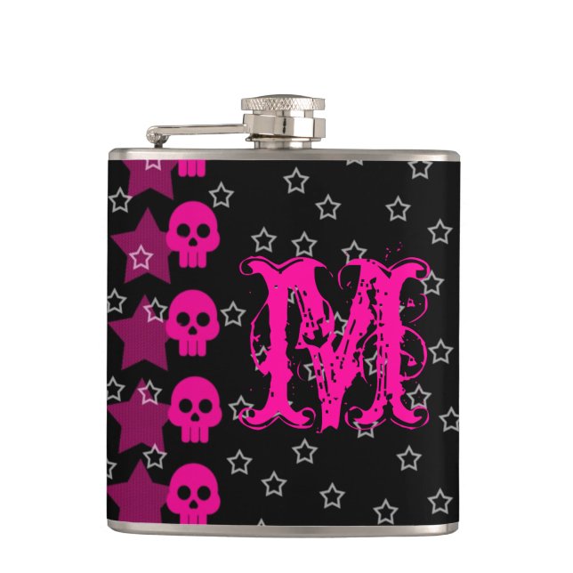 Girly Skull EMO Punk Rocker Monogram Whiskey Flask (Front)