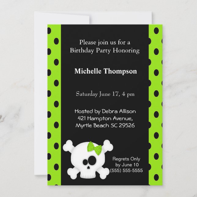 Girly Skull Green Birthday Invitations (Front)