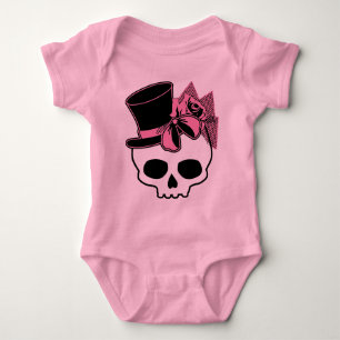 Girly Skull with Hat and Pink Bow Baby Bodysuit
