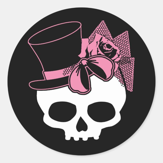 Girly Skull with Hat and Pink Bow Classic Round Sticker (Front)