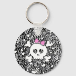 Girly Skull with Pink Bow on Silver Glitter Look Key Ring