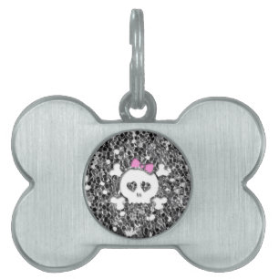 Girly Skull with Pink Bow on Silver Glitter Look Pet Tag