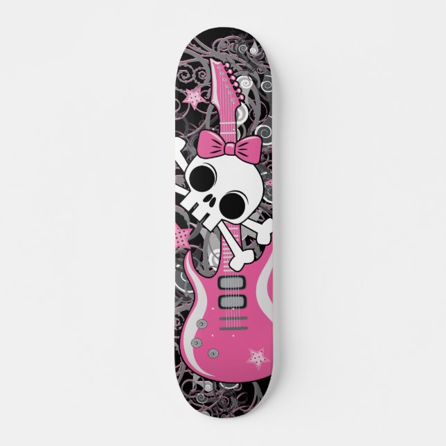 Girly Skull with Pink Guitar Skateboard (Front)