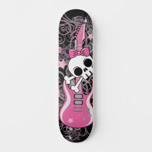 Girly Skull with Pink Guitar Skateboard
