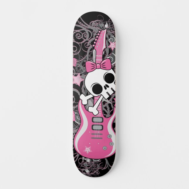 Girly Skull with Pink Guitar Skateboard (Front)