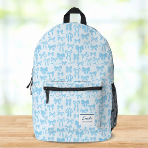 Girly Soft Blue Coquette Bow with Name Printed Backpack