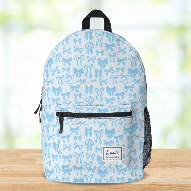 Girly Soft Blue Coquette Bow with Name Printed Backpack (Creator Uploaded)