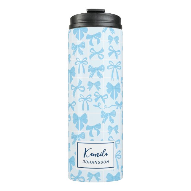 Girly Soft Blue Coquette Bow with Name Thermal Tumbler (Front)