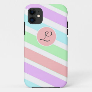 Girly soft pastel colours strips, monogram. iPhone 11 case