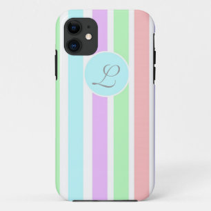 Girly soft pastel colours strips,  monogram. iPhone 11 case