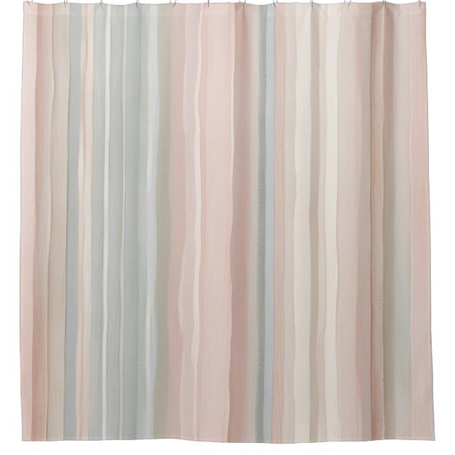 Girly Soft Pink and Mint Modern Coastal Stripe Shower Curtain (Front)