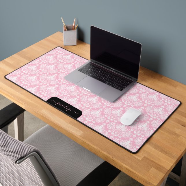 Girly soft pink and white damasks pattern monogram desk mat (Office 2)