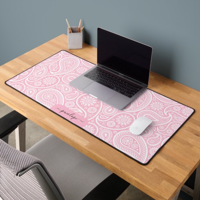 Girly soft pink and white paisley custom monogram desk mat (Office 2)