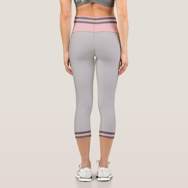 Girly Solid Colour Light Grey Pink Stripe Line Capri Leggings (Back)