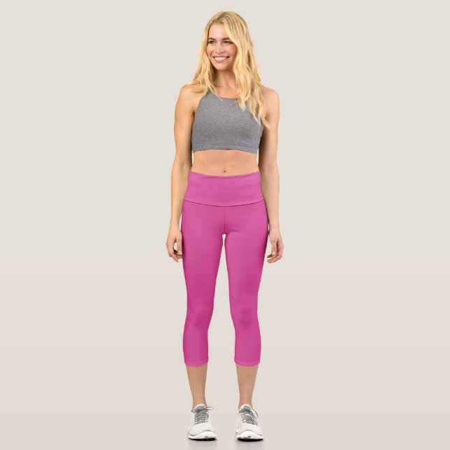 Girly Solid Minimalist Vibrant Mulberry Pink Capri Leggings (Front)